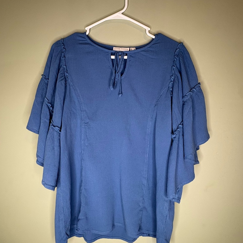 Susan Graver Blue Ruffle Sleeve Boho Blouse